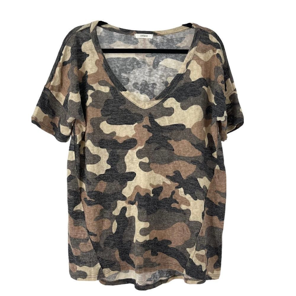 Camouflage V Neck Scooped Short Sleeve Brown Boho Camo Size Small Cherish Basic